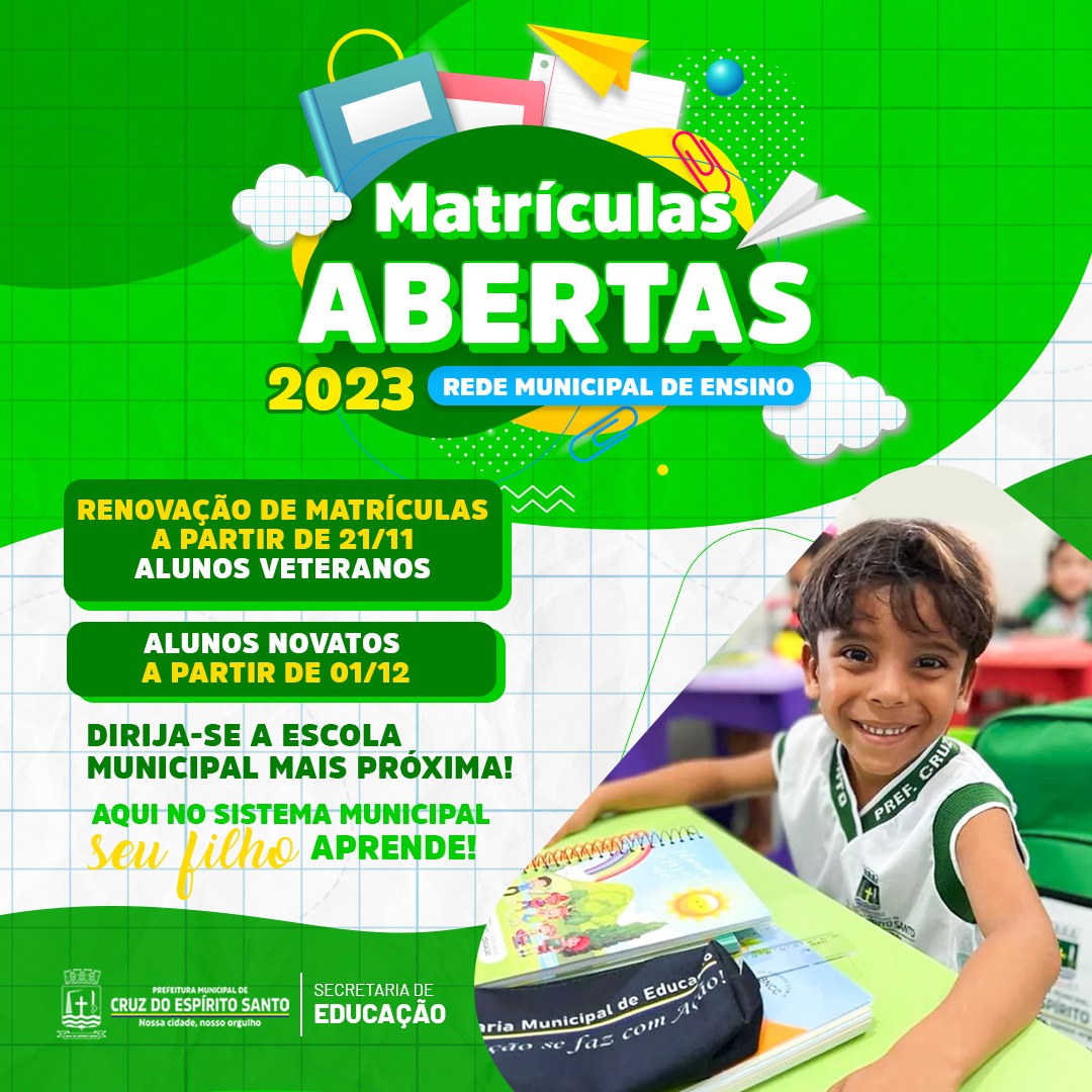 MATRÍCULAS ABERTAS 2023 📚 Prefeitura Municipal de Cruz do Espírito Santo